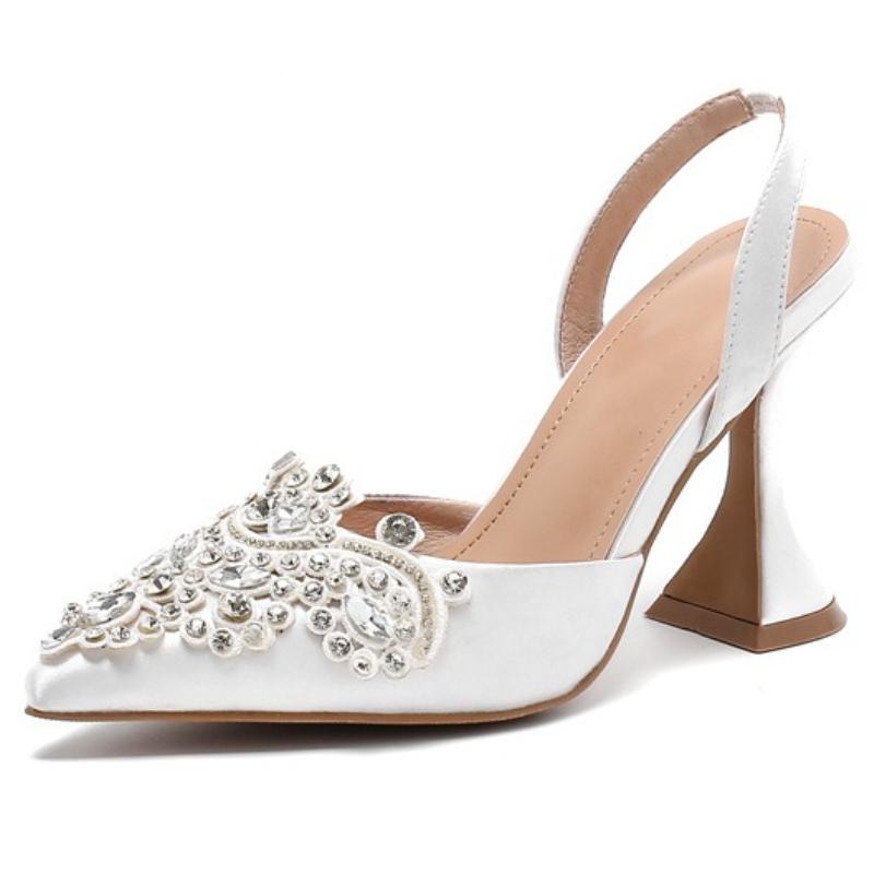 

Fashion Luxury Rhinestone Decoration Design Brand Sandals Women High Quality Satin Pointed Toe High Heels Elegant Slingback Wedding Shoe 41 белый