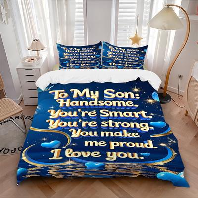 3pcs Son Love Message Duvet Cover Set, Cover For Bedroom Guest Room (1 Duvet Cover + 2 Pillowcase, Without Quilt),  Yy250922207