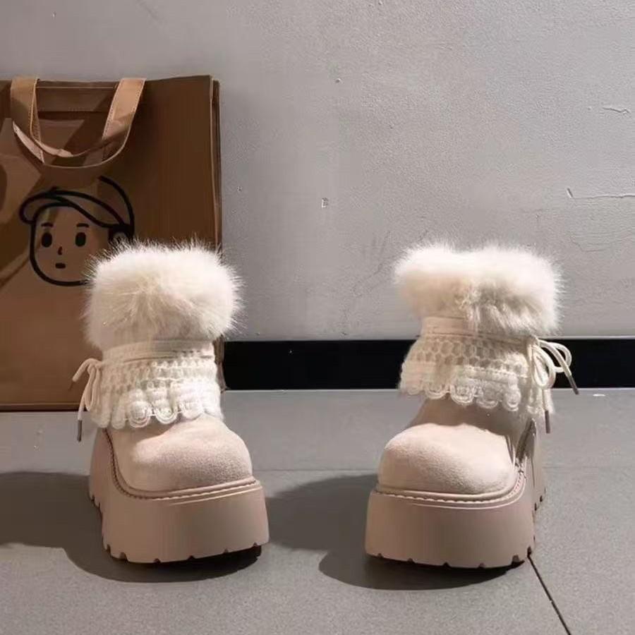 Height-increasing retro lace bow velvet warm snow boots winter new round head fashion boots