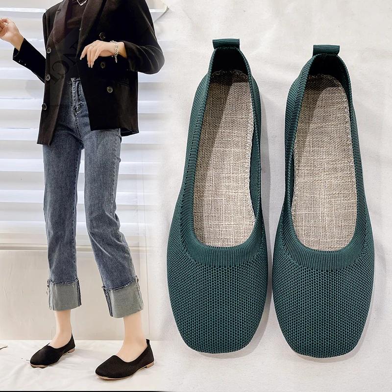 WomenSummer Fashion Knitted Mesh Breathable Ladies Loafers Comfort Square Toe Casual Flats Women Work Shoes Comfortable for Work