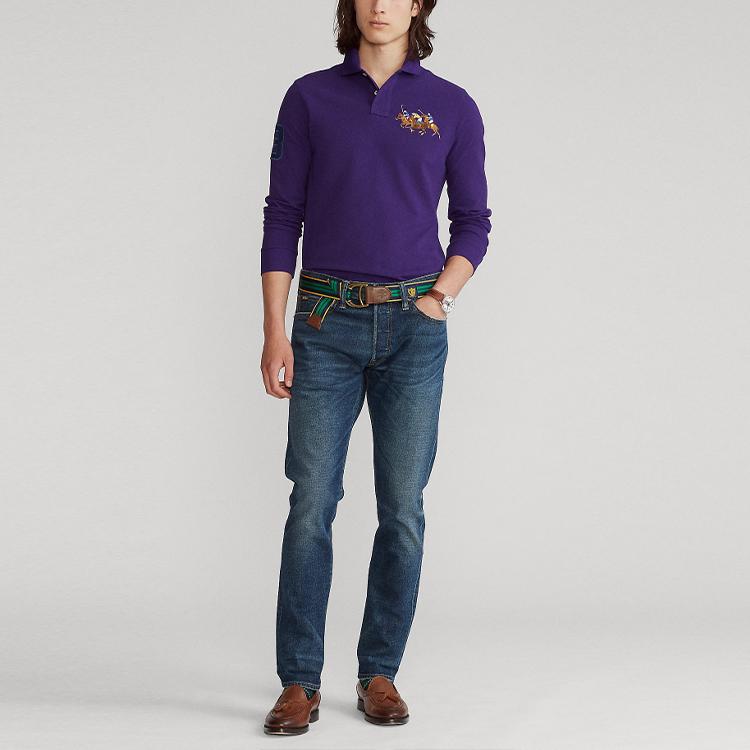 Polo Ralph Lauren Custom Slim Fit Three Pony Logo Long Sleeve Polo Shirt Men Tops Purple MNPOKNI16821-453