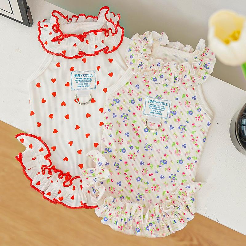 Sommer Haustier Hund und Katze Bekleidungszubehör, florales Prinzessinnenkleid, dünner Stil mit transparenten und gerollten Kanten