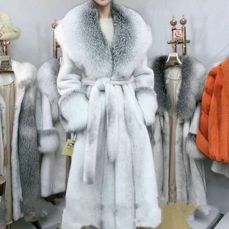 Høst og vinter imitasjon minkkåpe pelskåpe dame lang pelskåpe imitasjon revepelskrage stor størrelse high-end bomullsklær