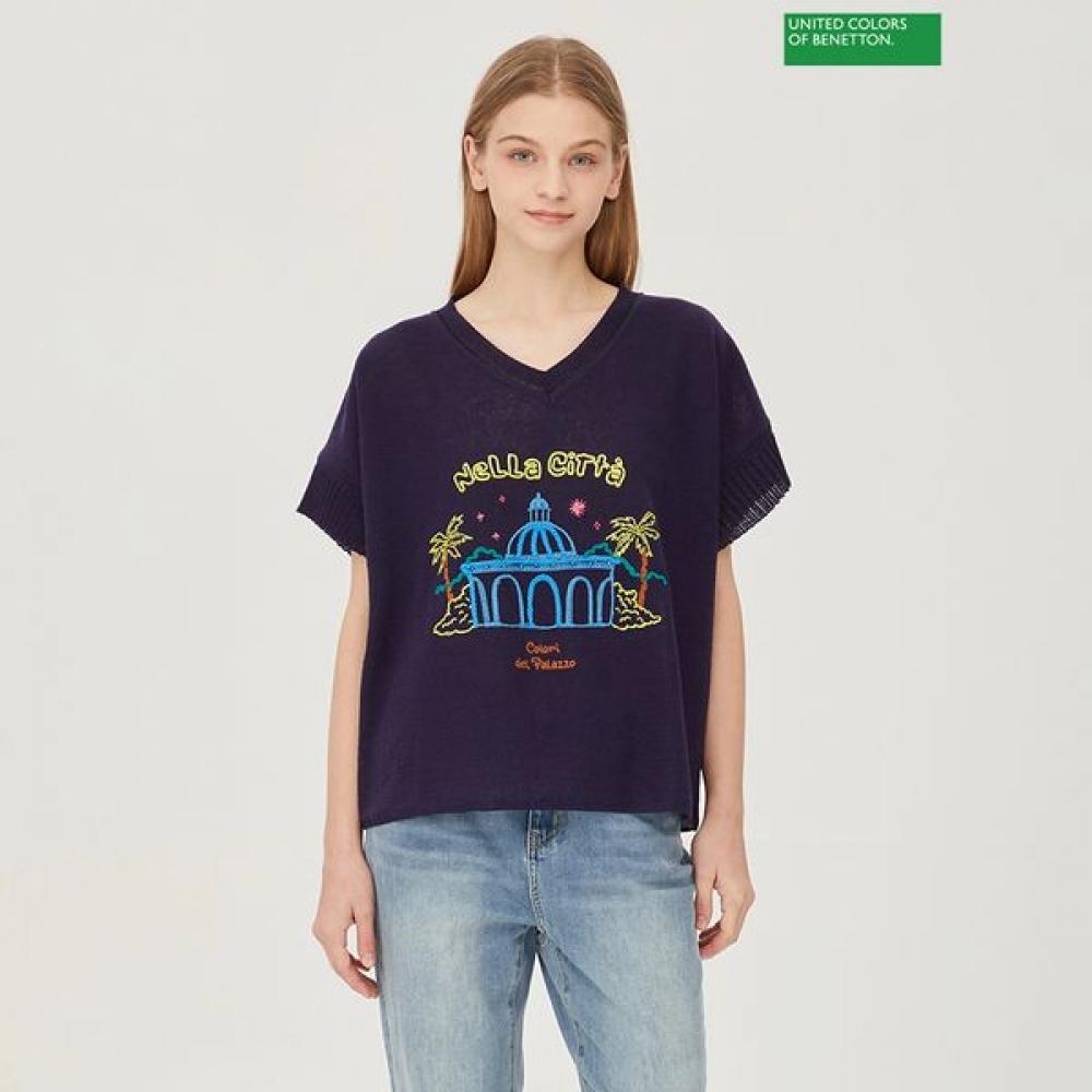 

[Benetton] Benetton V-образный вырез рукава плиссированный трикотаж Bakpb5531 NY_navy/OS