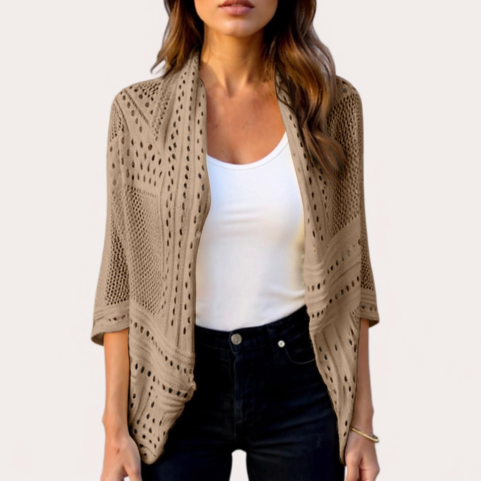 

Вязаный цельный топ-кардиган с полурукавами и ажурным узором для девочек M хаки