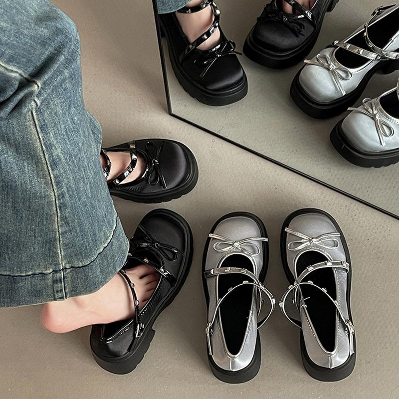 Shallow Mary Jane shoes women's autumn fashion bow retro casual single shoes with skirt small leather shoes trend