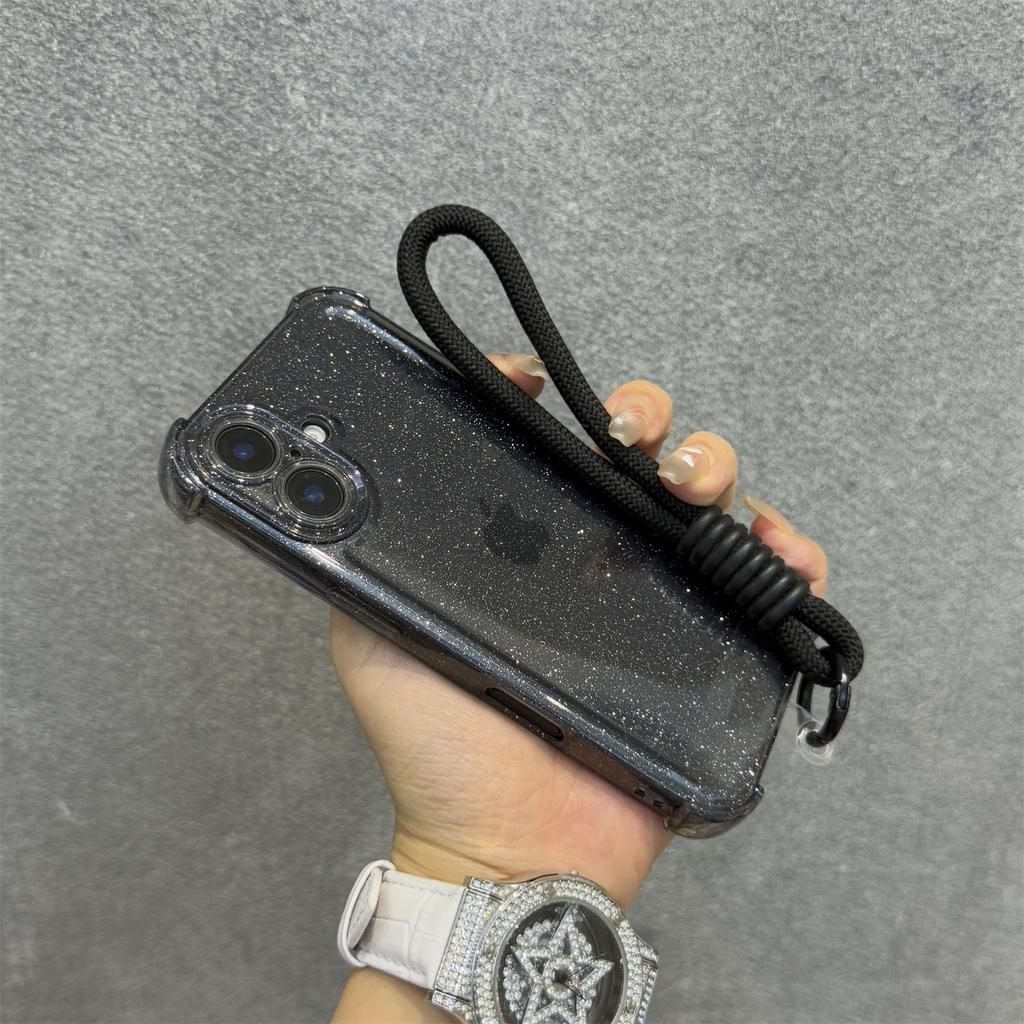 Soft Transparent With Lanyard Phone Case For iPhone 11 12 13 14 15 16 Pro Max Plus 16E Glitter Silicone Shockproof Bumper Cover