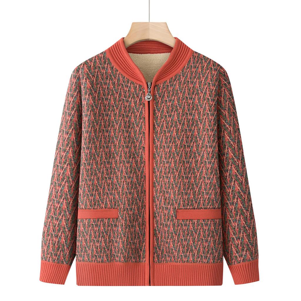 Fleece-lined Wool Cardigan for Women, Ideal for Middle-aged and Elderly Ladies, Thick Warm Sweater for Autumn/Winter, Perfect for Ages 60+.
