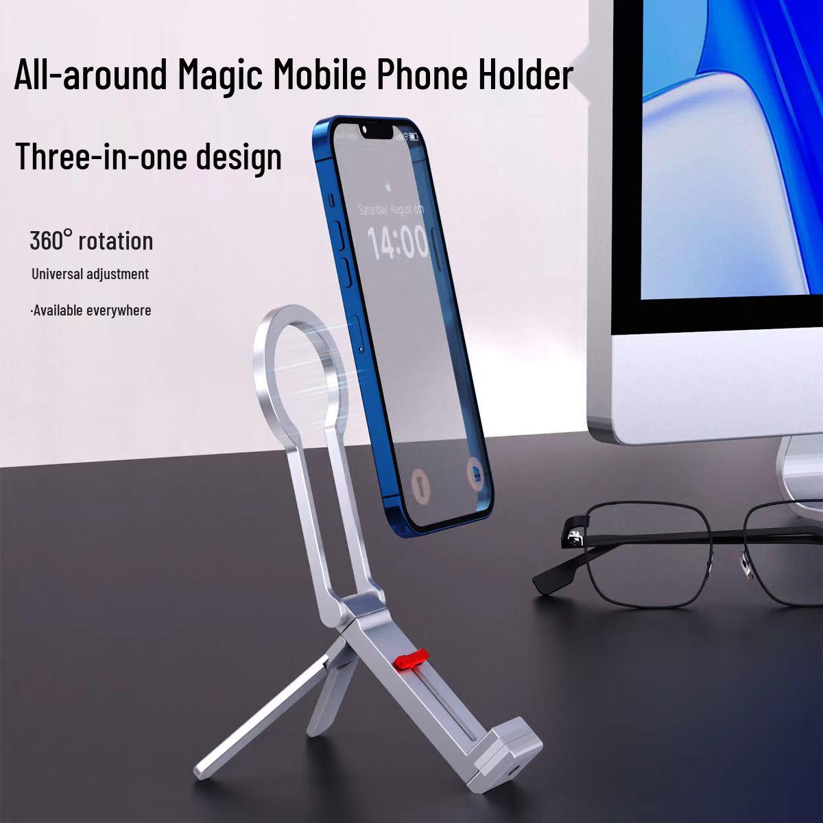 Multi-Functional Magnetic Aluminum Phone Holder for Desktop and Live Streaming серебряный