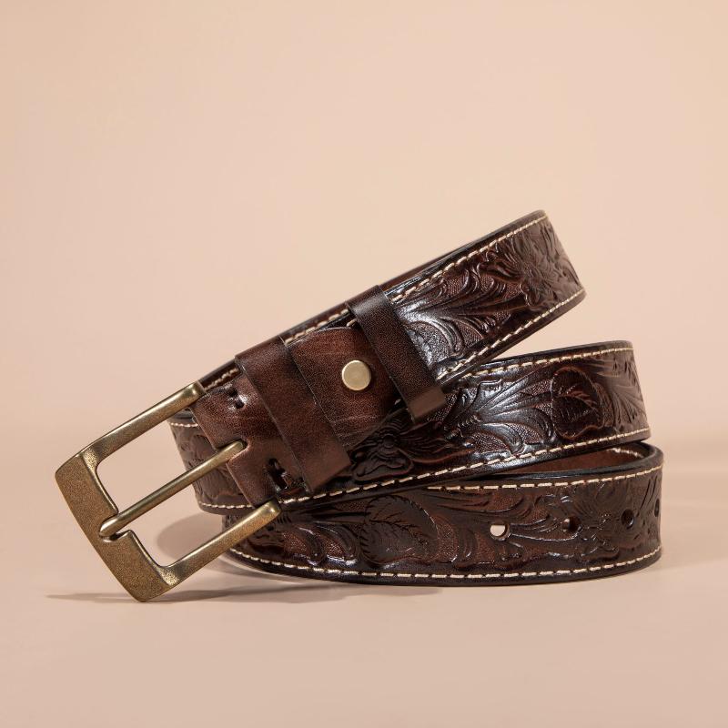 Retro Trend Embossed Belt Men's Genuine Leather Copper Buckle First Layer Cowhide Belt