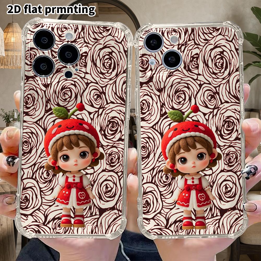 Phone Case: 2D Flat Design, Suitable for iPhone 18 17 16 15 14 13 Pro, Transparent Corner Protection Case, Cherry Girl, Christmas and Halloween Gift