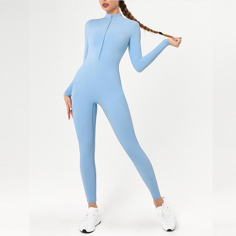 Nude Langarm Yoga-Jumpsuit mit Reißverschluss - High-Intensity Fitnessbekleidung
