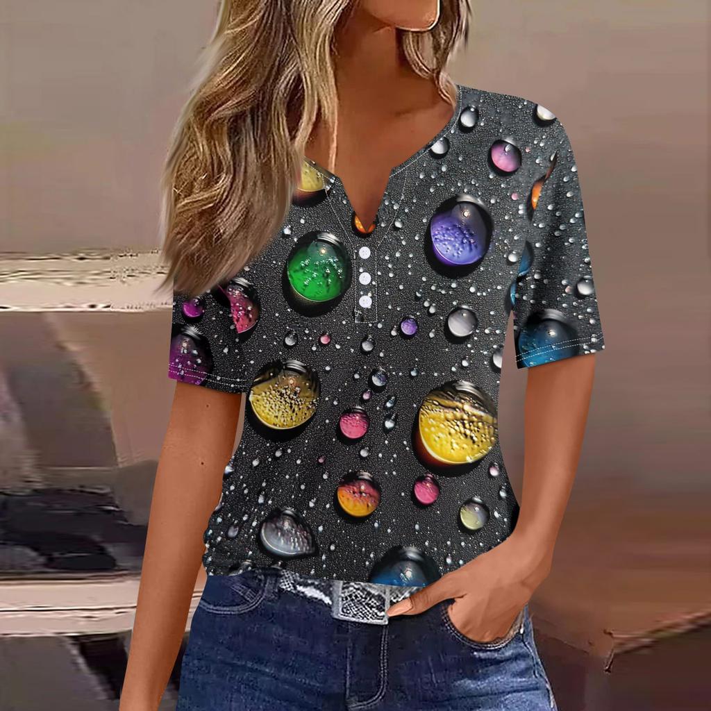 Women's T Shirt Tee Print Button Short Sleeve Daily Weekend Fashion Basic V- Neck Regular Top