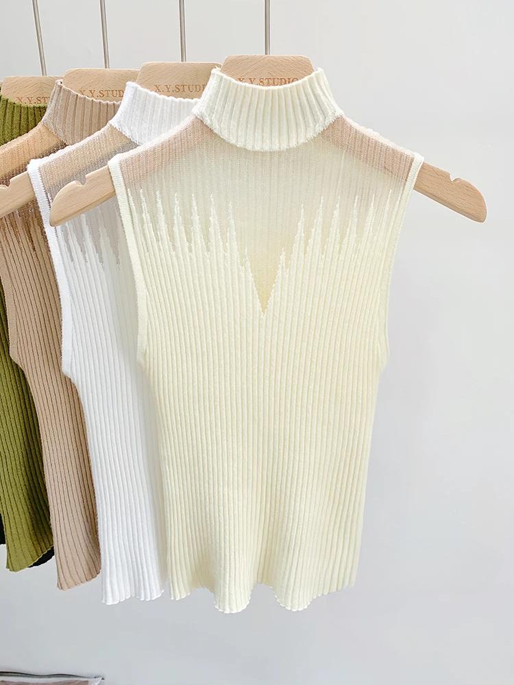 Mesh Knitted Top Women Y2K Tank Top Half Neck Vest Female Sleeveless Sweater Chic Cut Out Streetwear Solid Skinny White Tube Top