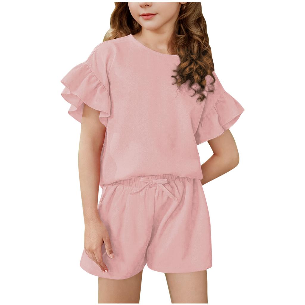 Girls' Summer Casual Set: Lightweight Solid-Color Casual Sports Top with Short Sleeves and Round Neck + Shorts (2-Piece Set)