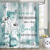 Farmhouse Floral Shower Curtain with Teal Daisy Butterfly, Inspirational Proverb Country Bathroom Decor Set with Hooks