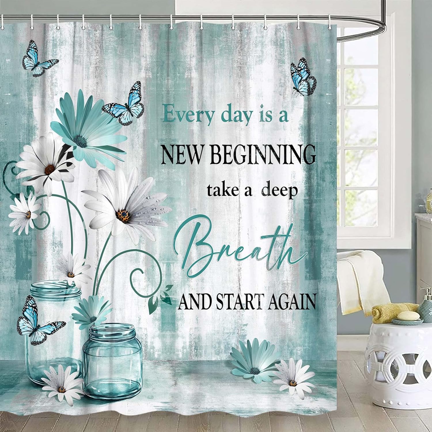 Farmhouse Floral Shower Curtain with Teal Daisy Butterfly, Inspirational Proverb Country Bathroom Decor Set with Hooks 90x180CM