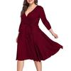 Vestido Casual Feminino Plus Size com Decote V, Cor Sólida, Manga de Sete Quartos, Cintura Marcada