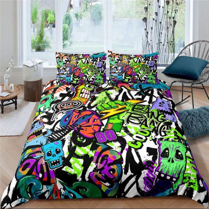 Urban Graffiti Duvet Cover Set Blockbuster Style Graffiti Sprayed Overlapping Blocky Letters Street Art Bedding Set Pillowcases