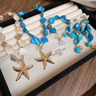Boho Irregular Shells Tassel Earring Imitation Pearl Starfish Pendant Necklace Beach Vacation Style  Women'S Jewelry
