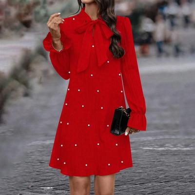Women Dress Lace-up Bow Faux Pearl A-line Puff Sleeves Pure Color Above Knee