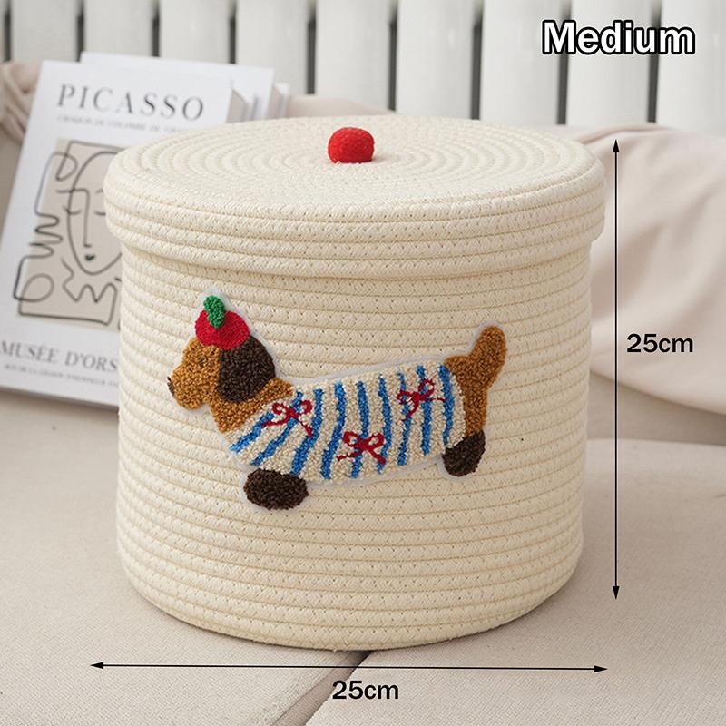 Niedlicher Welpen Aufbewahrungskorb Gewebter Baumwollseilrahmen Große Kapazität Mit Deckel Staubdichter Aufbewahrungseimer Desktop Staubdicht