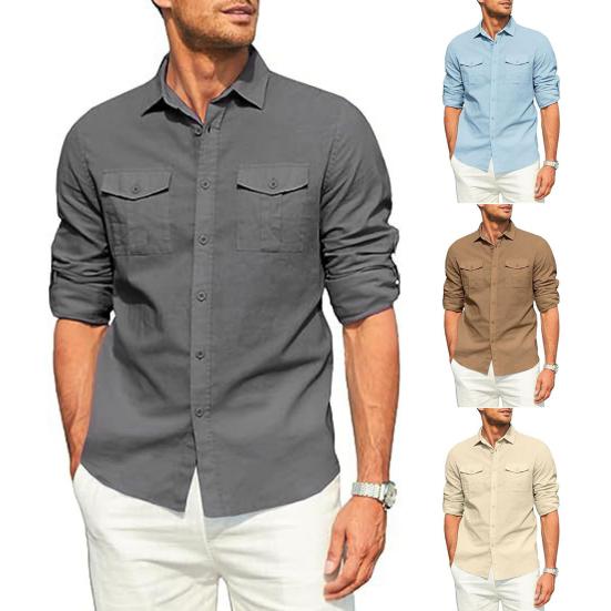 Men Solid Color Casual Shirt Lapel Long Sleeve Flap Pockets Single Breasted Shirt Loose Fit Tops Workwear