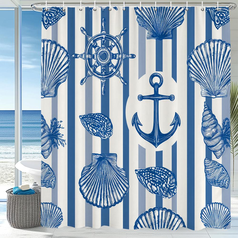 Modern Blue Stripes Sailing Style Shower Curtain, Bathroom Decorative Shower Curtain, Printed Fabric Shower Curtain With Hooks