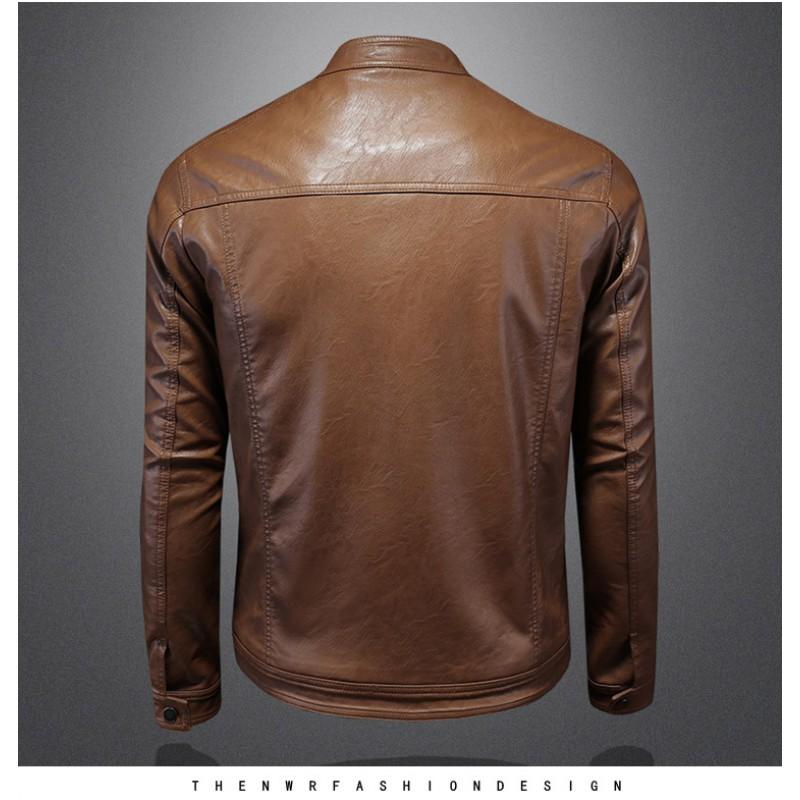 Mens PU Leather Biker Jacket With Stand Collar Slim Fit Casual Outerwear
