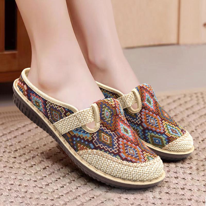 Women's Ethnic Flat Slippers - Summer Cotton Linen Embroidered Soft Sole Shoes