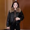 Women's Petite Loose Fit Leather Jacket Coat with Removable Large Fur Collar, Fleece-Lined, Short Style, Thickened, Winter 2025 New Arrival.