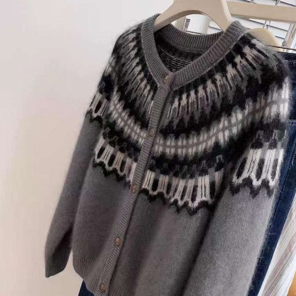 Women's Red Fair Isle Knit Cardigan - Soft, Fluffy, and Thickened for Autumn/Winter Zodiac Year