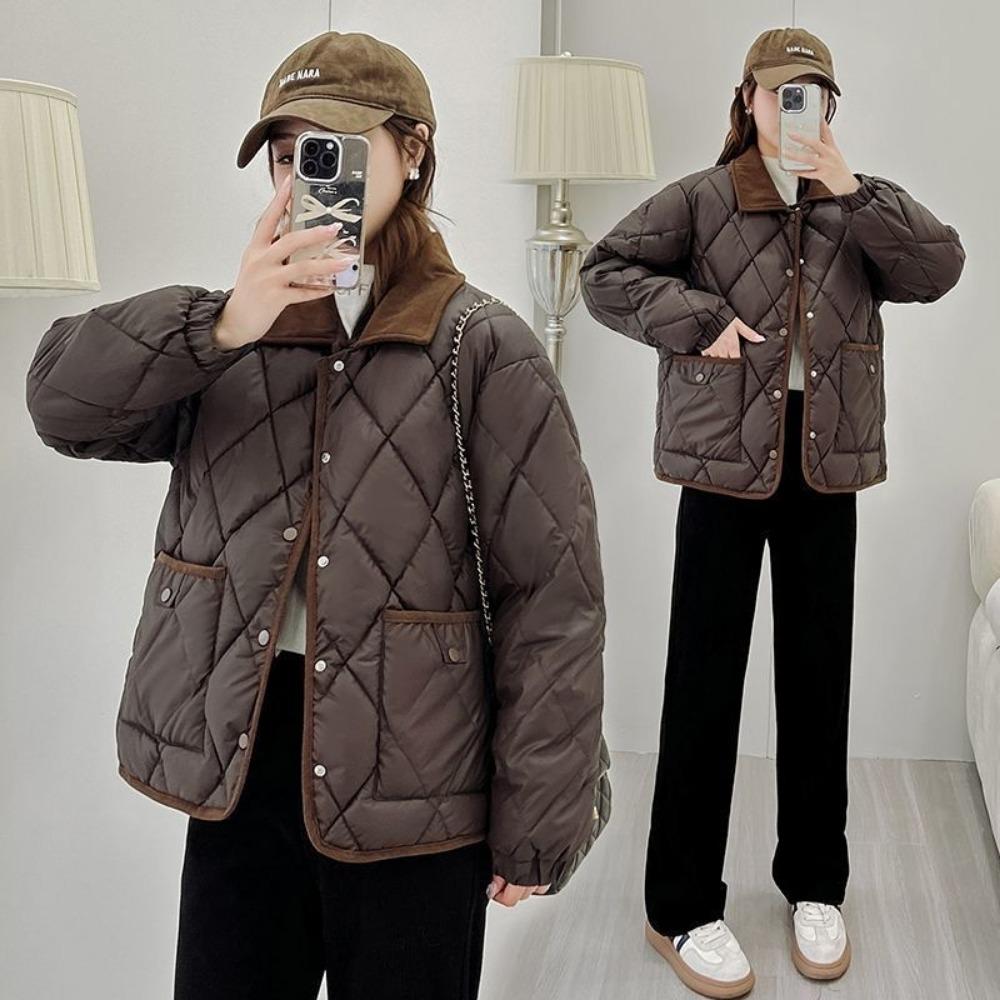 Xiaoxiangfeng rhombus down cotton clothes 2025 new leave-in foreign style loose contrasting color versatile short autumn and winter coat