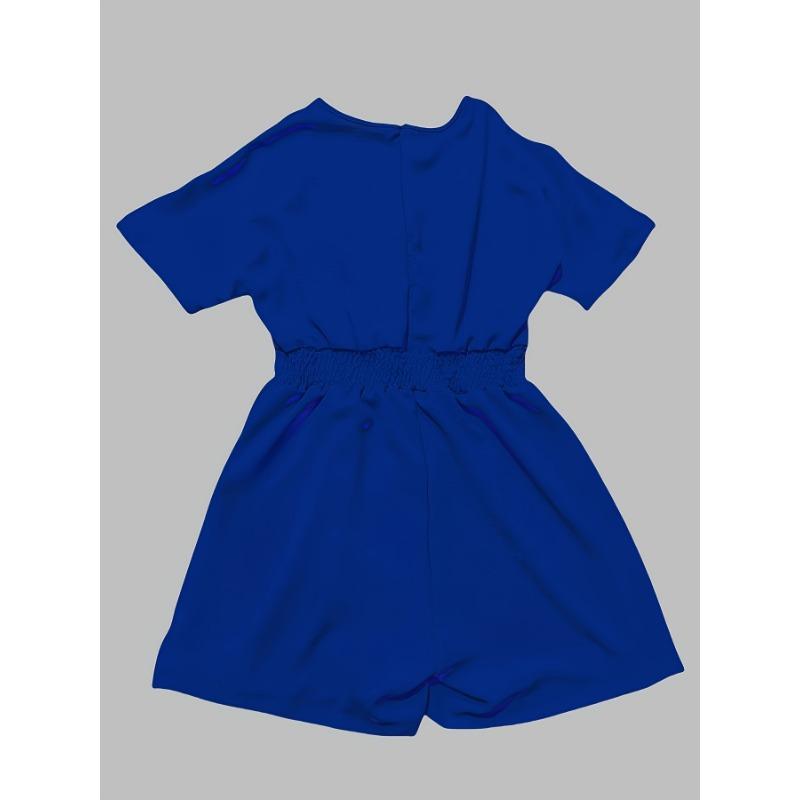 Solid V Neck Romper, Elegant Short Sleeve Shirred Waist Jumpsuit For Spring & Summer, Women's Clothing