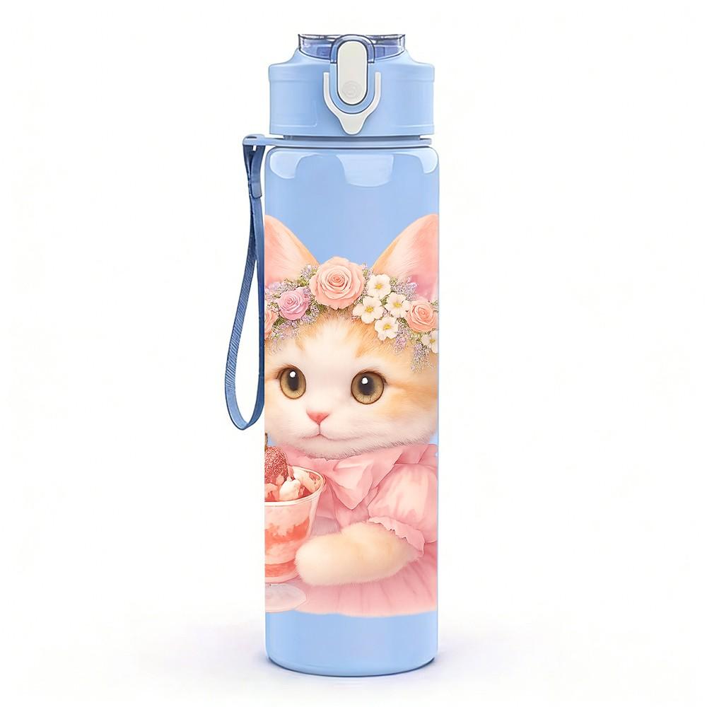 1PC Kitten Wear Pink Bow Cute Cartoon Print 750ml Color Plastic Sports Water Bottle Leakproof Flip Straw Lid Suitable for Sports Office Home Use
