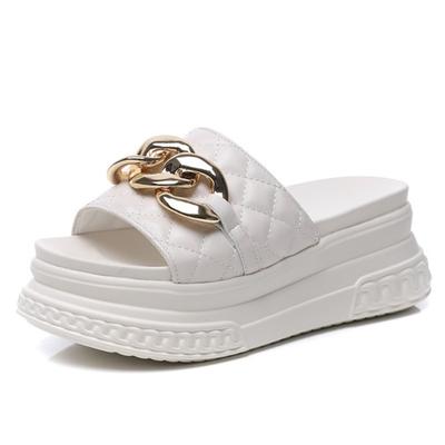 Moda Alta Qualità 7cm Vera Pelle Donna Scarpe Estive Pantofole da Esterno Scarpe da Spiaggia Zeppe Piattaforma Ciabatte Sandali Scarpe da Spiaggia