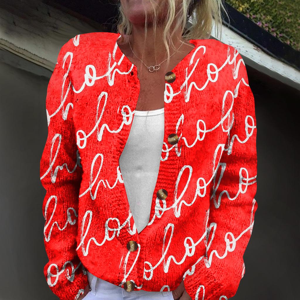 Women's Fashion Christmas Print Long Sleeve Knitted Cardigan Button Jacket