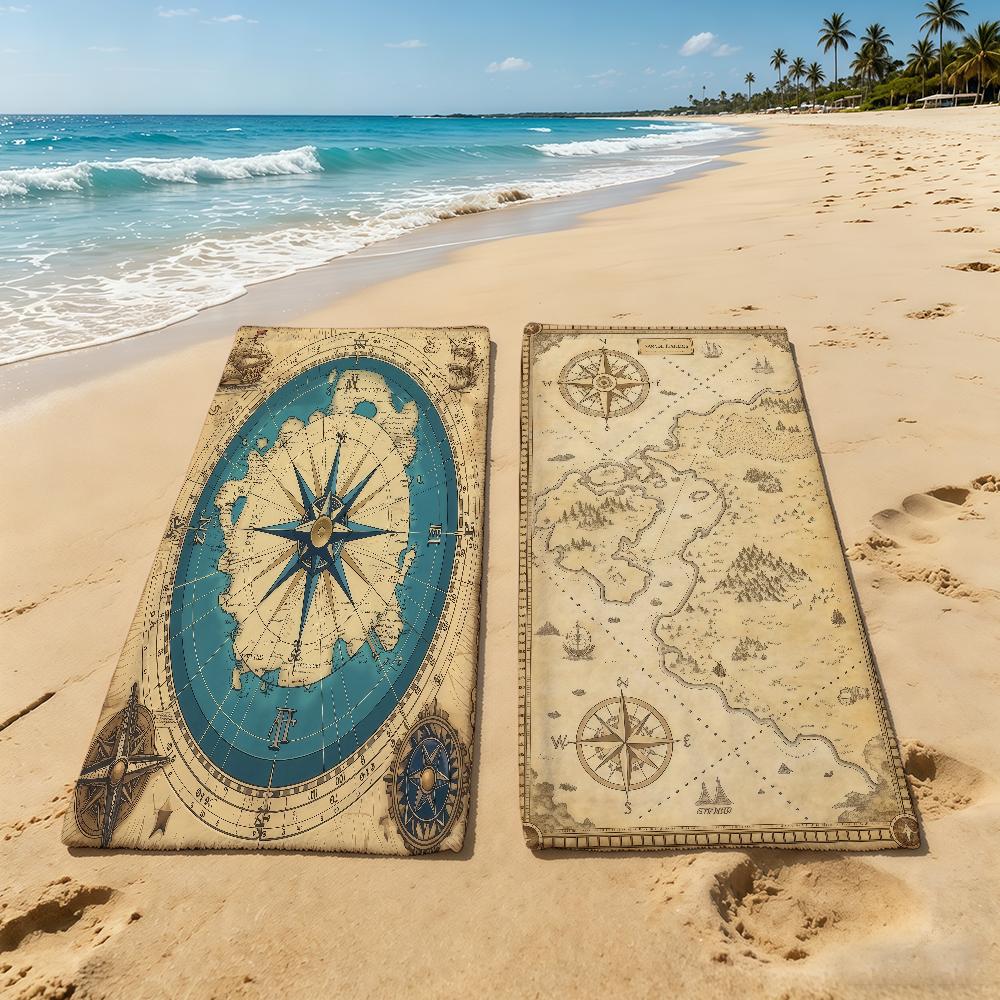 Towel For Outdoor Camping Beach Retro Towel World Map Super and Absorbent Quick-Drying Compass Summer Towel