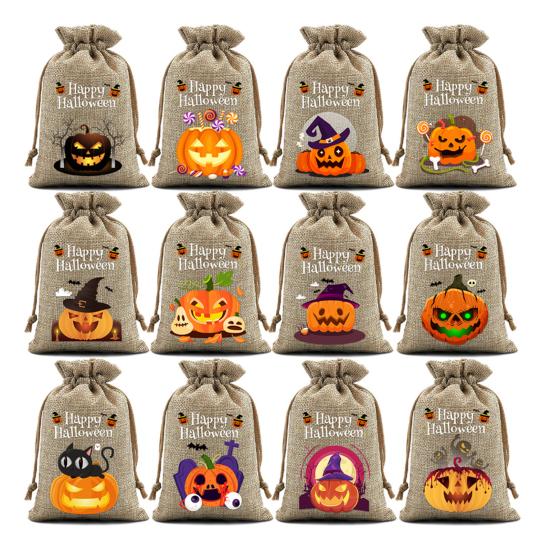 12 Pcs Halloween Treat Bags Burlap Gift Bags Mini Drawstring Candy Bags Pumpkin Pattern Goodie Bags for Halloween Party Favors