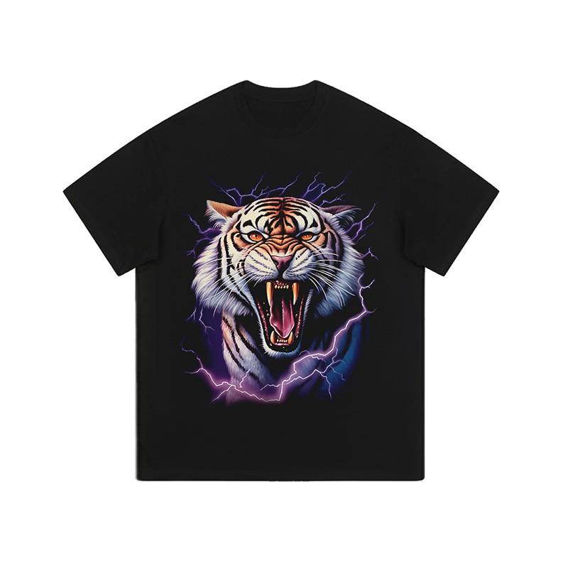 Mens Oversized Retro Tiger Print Long Sleeve Tee Cotton Heavyweight Washed Streetwear Hip Hop T-Shirt
