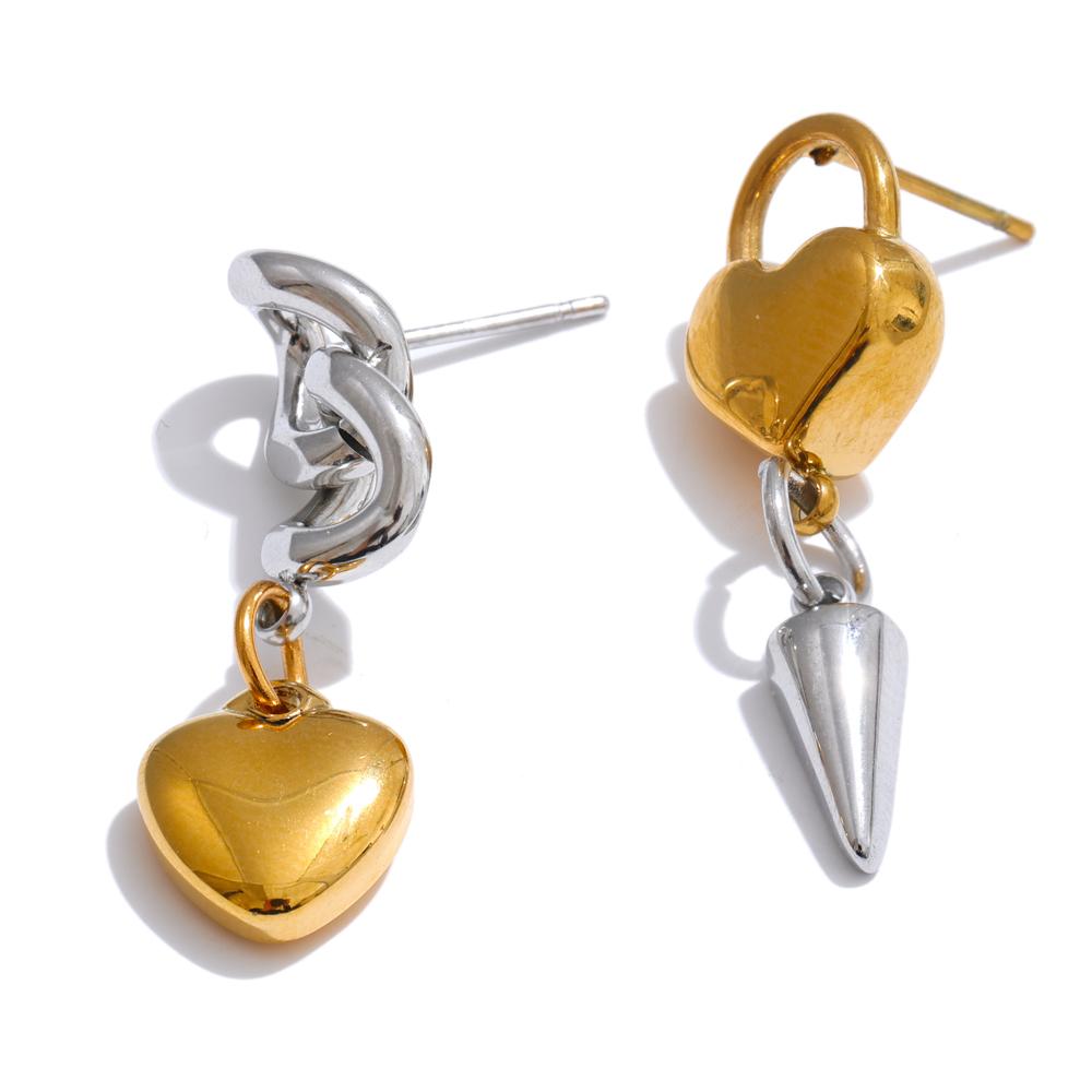 Eetit Charm Stylish Asymmetrical Heart Lock Chain Drop Dangle Earrings Punk Stainless Steel Trendy Jewelry Wholesale for Women