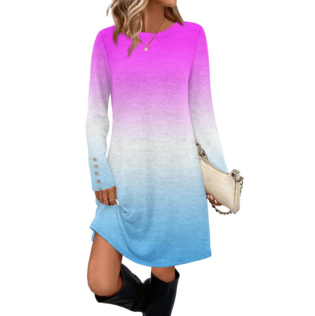 Damenmode Freizeitkleid mit Tasche, dekorativen Knöpfen, Rundhalsausschnitt und langen Ärmeln