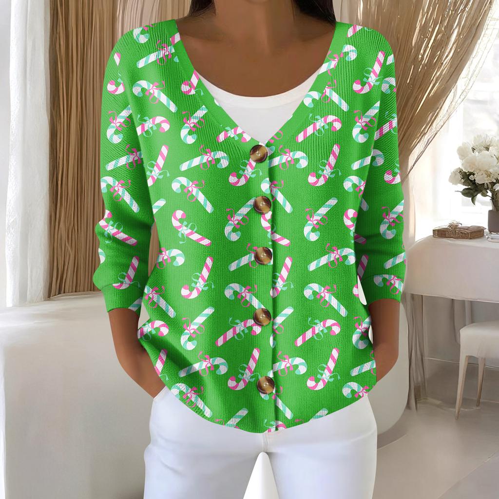 Women's Fashion Long Sleeve Christmas Snowman Snowflake Print Jacket Cardigan