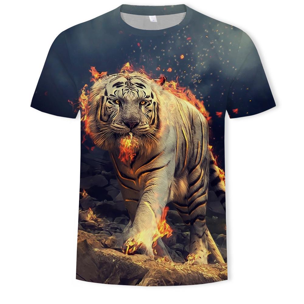 Summer Lion and Tiger 3D Digital Printing Round-neck T-shirt with Short Sleeves - Youth Underwear Shirt