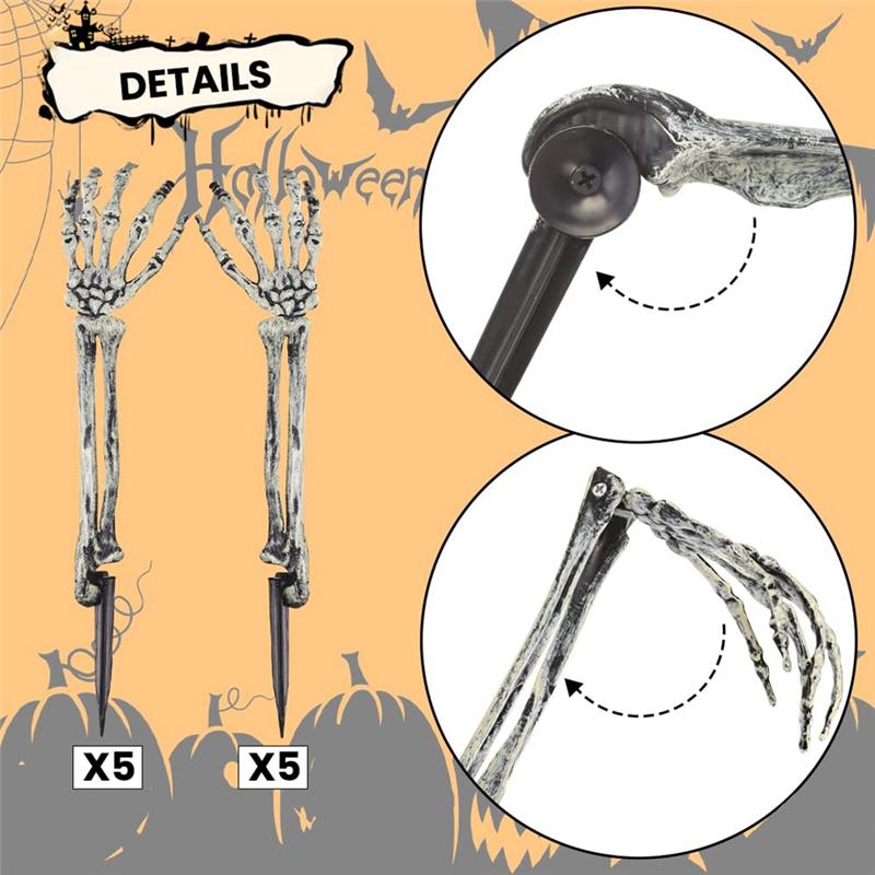 

ABJI-Piece Realistic Halloween Skeleton Hand Arm Decoration Set-10 Pcs For Garden Lawn Cemetery Use