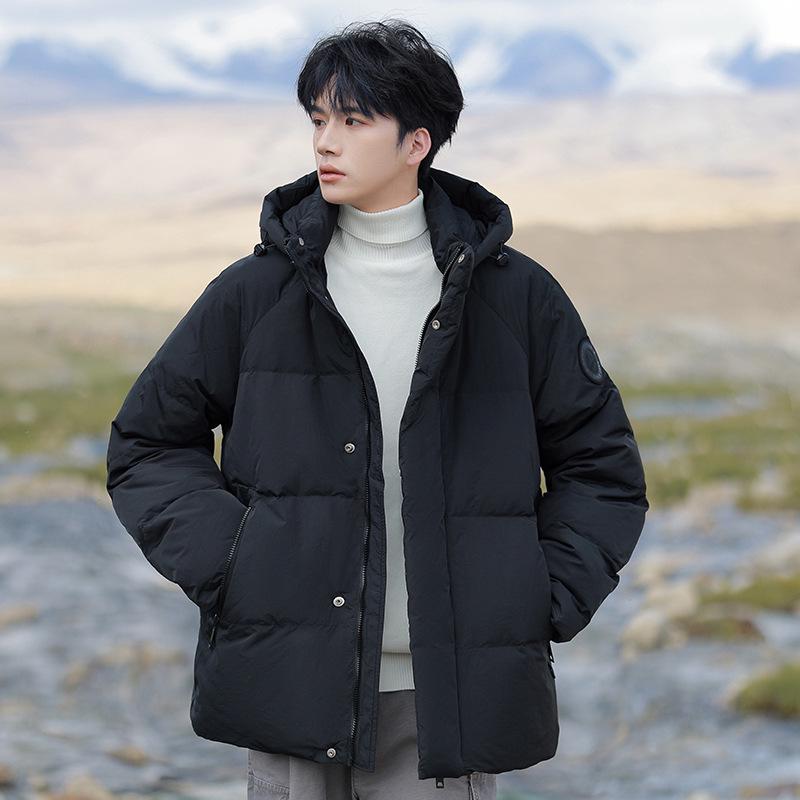 Men's 2025 Winter Hooded Down Jacket - Color Block, Zipper Pockets, Thick, Loose Fit, 90% White Duck Down.