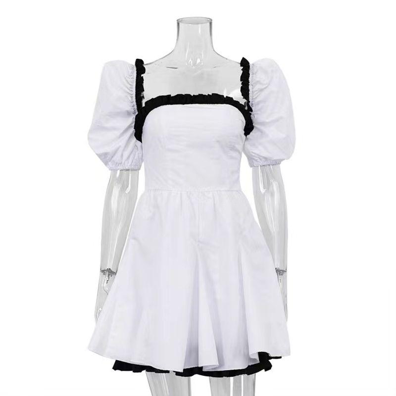 

Fashion Black and White Contrast Color Square Collar Puff Sleeve Backless Dress Square Neck Open Back Dress White L