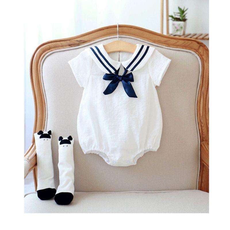 

Baby Romper Newborn Academy Style Summer Thin Cotton Short-Sleeve Onesie for Boys and Girls White Sailor Style Bodysuit + Socks 59 cm