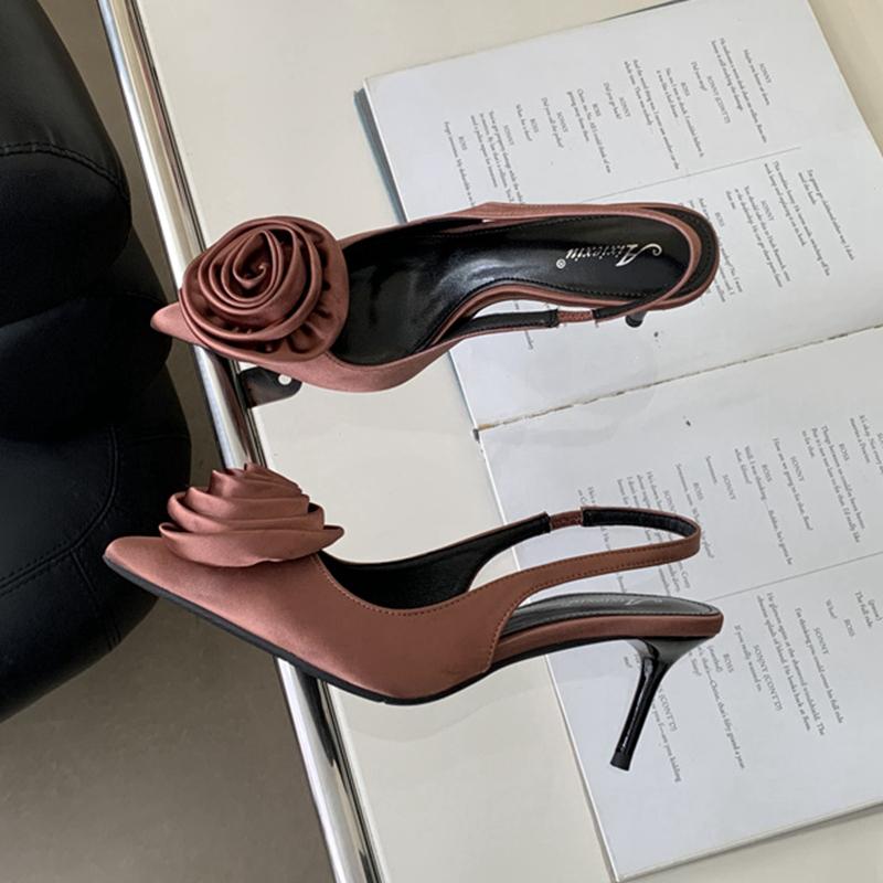 Fashion SUOJIALUN 2024 Spring New Brand Women Sandal Fashion Big Flower Ladies Elegant Slingback Shoes Thin High Heel Dress Pumps Shoes