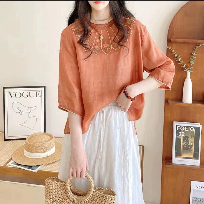 

Elegant Fashion Harajuku Slim Fit Female Clothes Loose Casual All Match Tops Women Solid O Neck Insert Cotton Linen T-Shirts XS оранжевый
